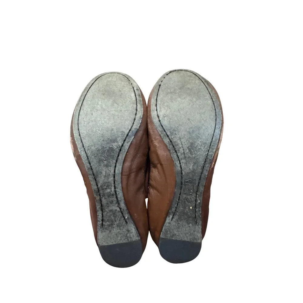 Tory Burch Caroline 2 Leather Ballet Flats Java Brown Black Size 6 Gold Logo